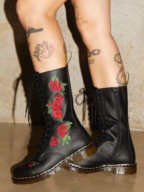 Dr. Martens Vonda 1914 Rose Embroidered Tall Boots Black US 6